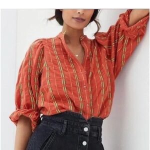 Anthropologie | Pilcro Bella Femme Orange Striped Embroidered Button Down Shirt